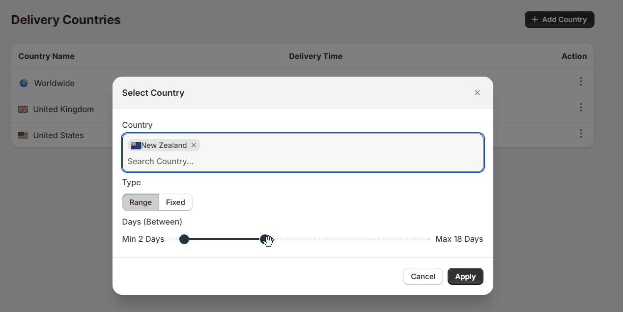 Add/Edit Delivery Countries