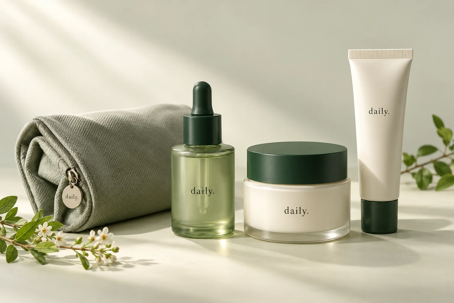 Illustrative daily skincare kit with serum, moisturizer, sunscreen and pouch